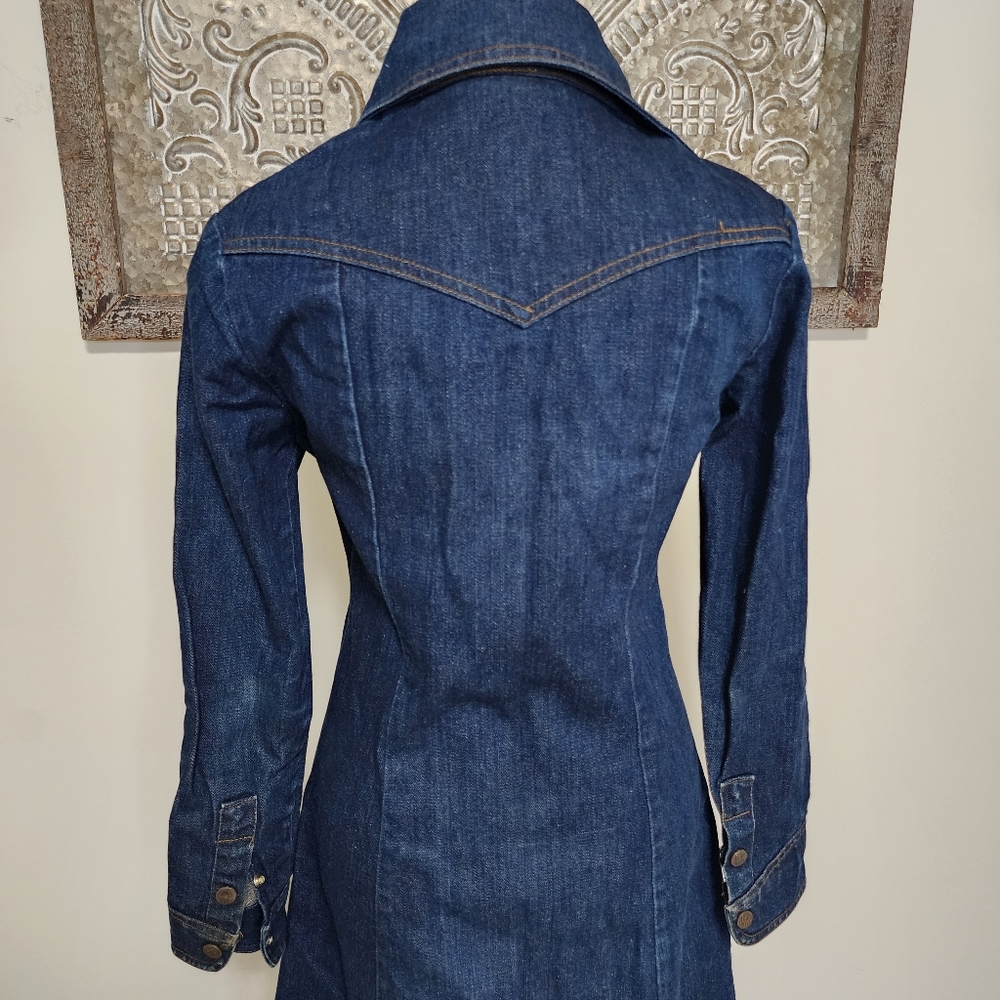70's Vintage Landlubber Denim Duster Snap Button Dress Sz7 USA Western Boho Chic - Picture 13 of 15